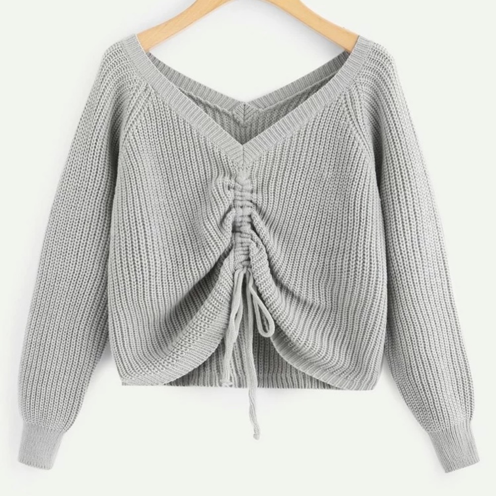 Light Grey Tie Ruching Crop Sweater
